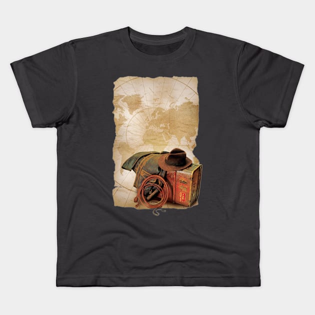 Indiana Jones Map with Props Kids T-Shirt by Edumj